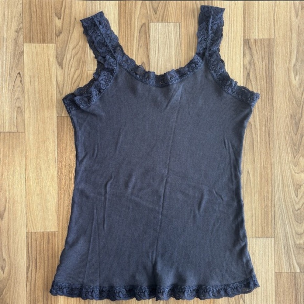Lace Trim Ribbed Cami Tank Navy Blue Size Large Layering Coquette Y2K 90's Fairy - Picture 3 of 9